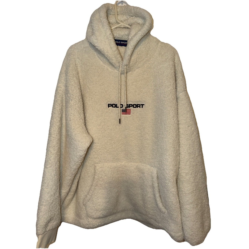 New XL Polo Sport Ralph Lauren USA Flag Red Rocks Sherpa Fur White Hoodie Men